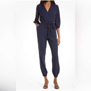 Nordstrom Fraiche by J Tie Waist 3/4 Sleeve Navy Jumpsuit